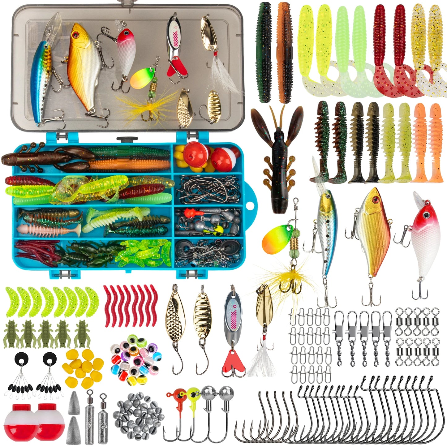Fishing Lures Kit 153pcs Fishing Tackle Accessories Set with Box Topwater Baits Soft Swimbaits Frog Fishing Spoon Jig Hooks Kit