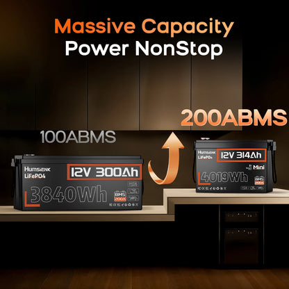 Humsienk 12V 314Ah LiFePO4 Battery, Capacity 4019Wh, Size MINI, Built-in Bluetooth & 200A BMS, 15000+ Deep Cycle, Low-Temp Protection For Fishing, Portable Power Station, Golf Cart, Boat, Marine, Off-Grid, Solar, 5-Year Warra