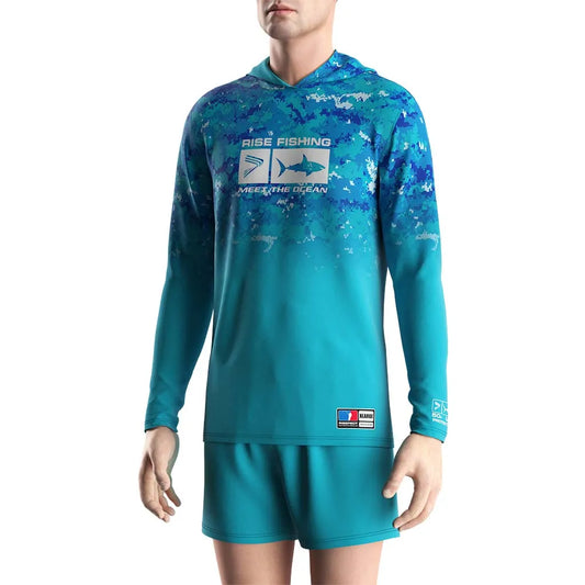 Gradient camouflage 3D printed quick drying fishing suit top fishing shirt hooded outdoor UV protection plus size men