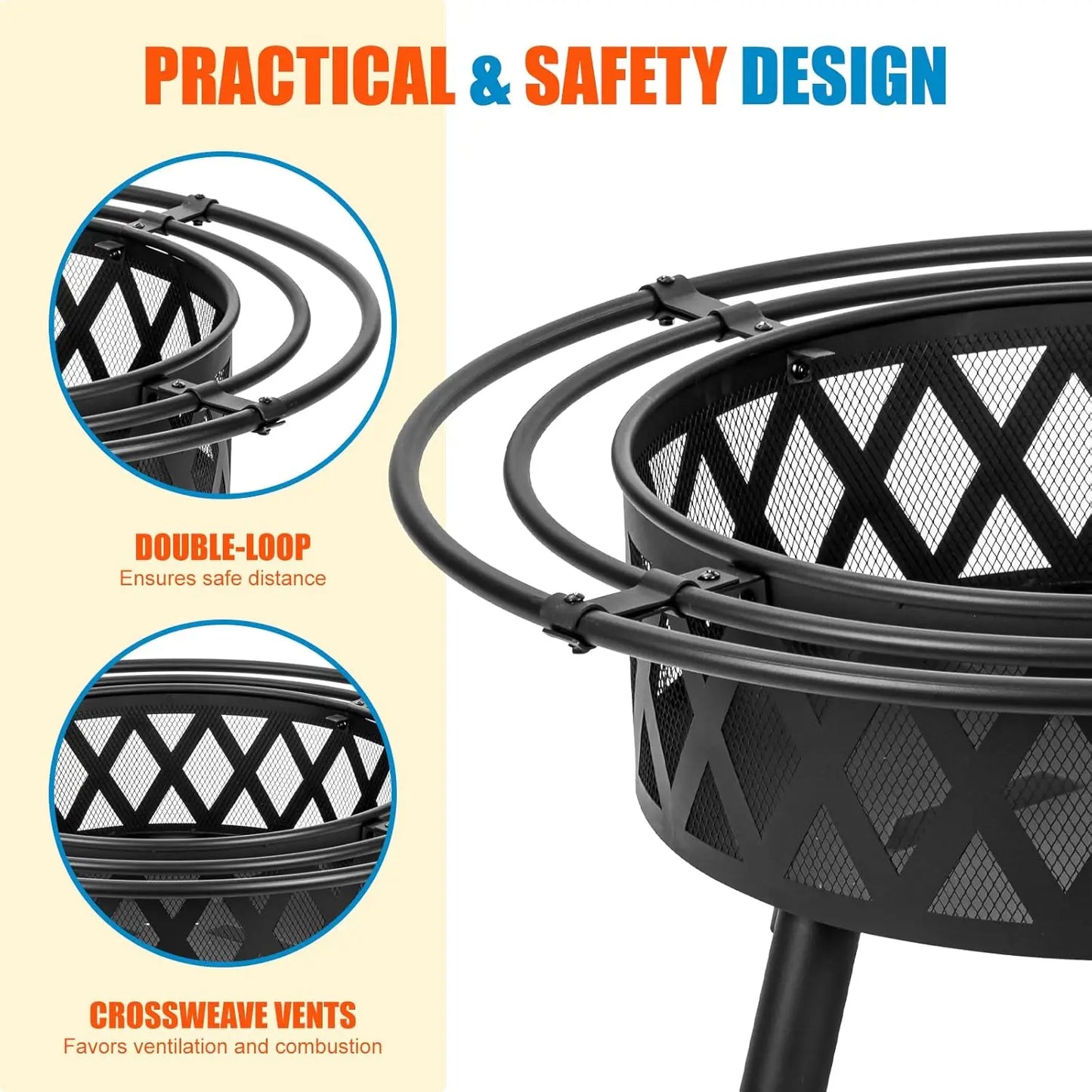 36 Inch Wood Burning Fire Pit with 2 Loops, Outdoor Fire Pit with Spark Screen & Fire Poker, Cross Weave Firepit for Outside