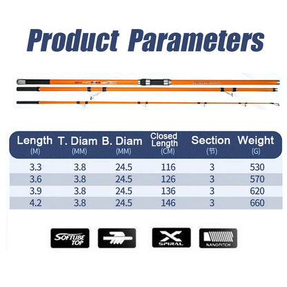 3.3M 3.6M 3.9M 4.2M Carp Fishing Rod 35kg  Portable Travel Surf Spinning Rod 3 Piece Carbon Fiber Saltwater Fishing Pole