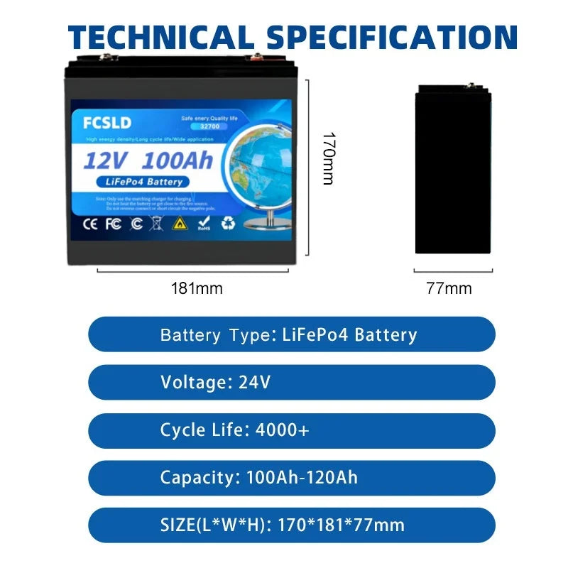 LiFePO4 New 12V 100Ah Battery Capacity Built-in 200A BMS 6000 Deep Cycles Perfect for Camping Solar Home Backup