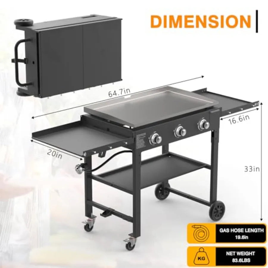 3 Burner Foldable Gas Griddle 32 Inch Stainless Steel Portable Detachable Propane Griddle 45 000 BTU Flat Top Barbecue Grill wi