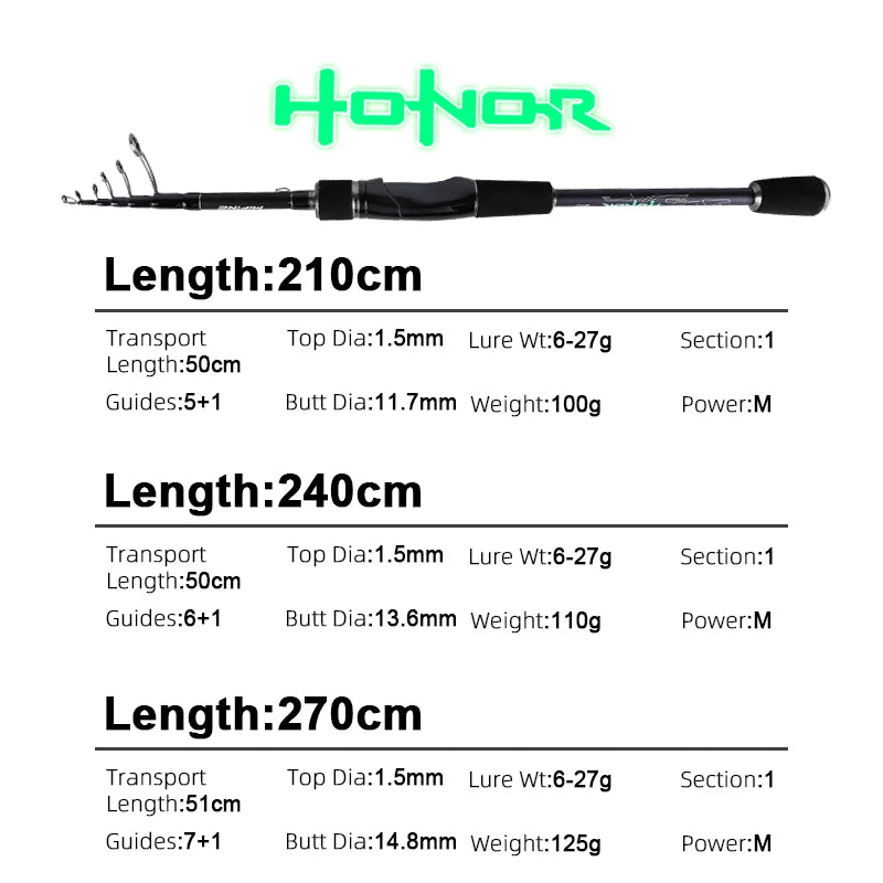 MIFINE HONOR Telescopic Rock Fishing Rod 2.1M 2.4M 2.7M 24T Carbon Fiber Spinning Rods CW 3-18g 6-27g Solid Tip Portable Rods