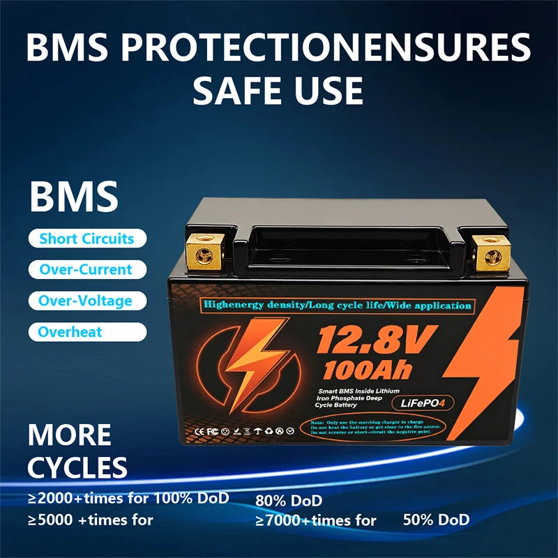 New LiFePo4 12V 100Ah Lithium Iron Phosphate Battery Built-in 200A BMS, for Solar Marine Overland Off-Grid LiFePo4 Battery