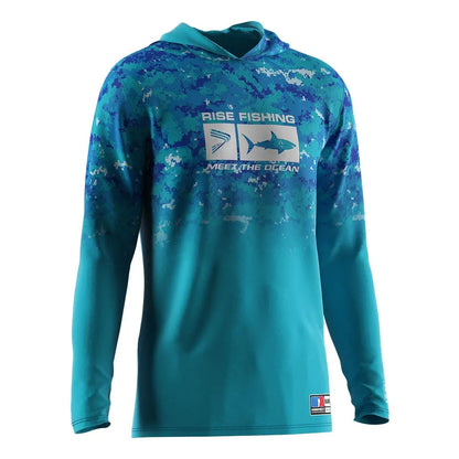 Gradient camouflage 3D printed quick drying fishing suit top fishing shirt hooded outdoor UV protection plus size men