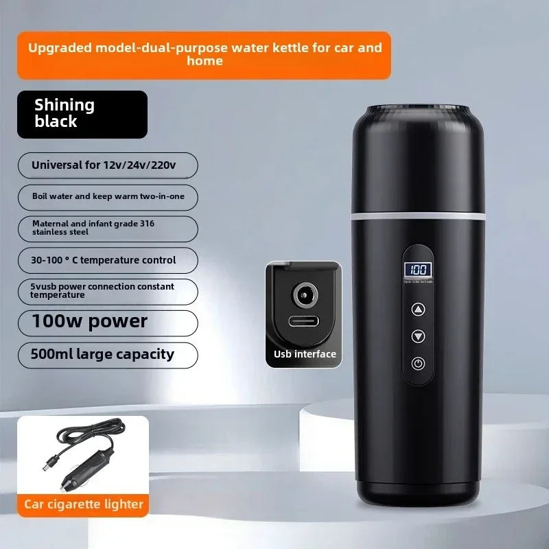 12V 24V Car Electric Heated Thermos 500ML, USB Heating Water Bottle, Portable Insulated Travel Cup for Driving & Work