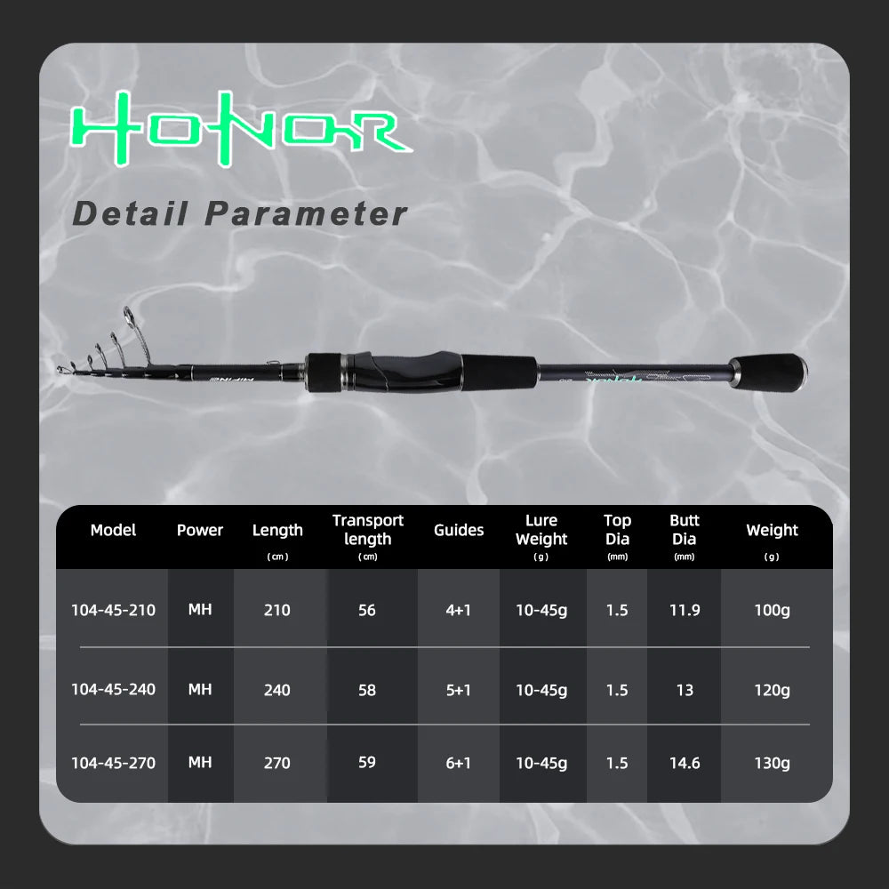 MIFINE HONOR Telescopic Travel Fishing Rod CW 10-45g Spinning Rods 2.1M 2.4M 2.7M 24T Carbon Fiber Solid Tip Portable Rods