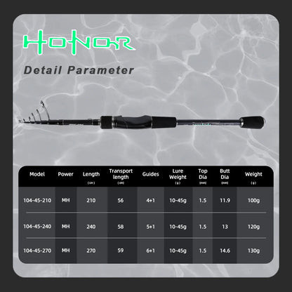 MIFINE HONOR Telescopic Travel Fishing Rod CW 10-45g Spinning Rods 2.1M 2.4M 2.7M 24T Carbon Fiber Solid Tip Portable Rods