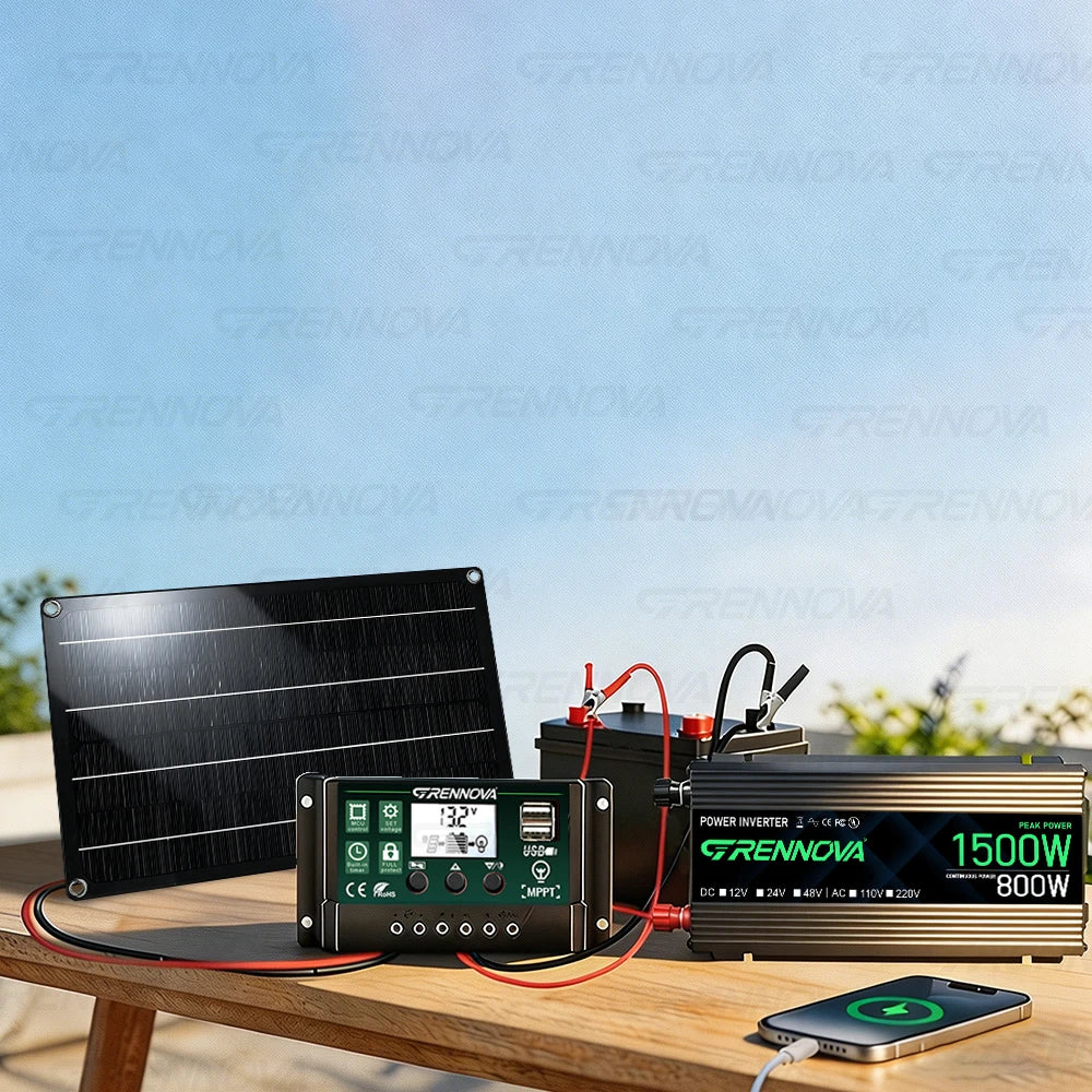 Solar Power System Kit 1500W Inverter 12V To 110V 220V 50W Panel 60A Controller for Charging Phone Powering Coolers Camping Gear