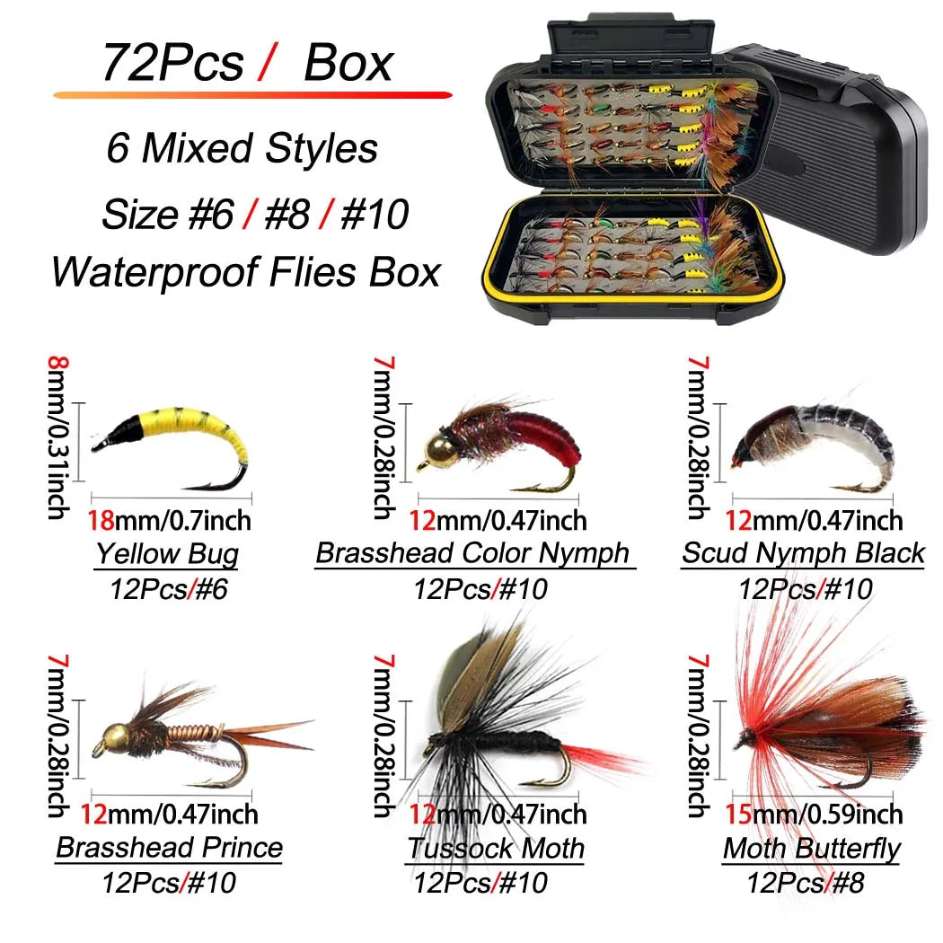 Fly Fishing Flies Kit, 40-72Pcs Handmade Artificial Fly Flies Baits Lures with Dry/Wet Flies, Fishing For Trout Bass Baits Lure