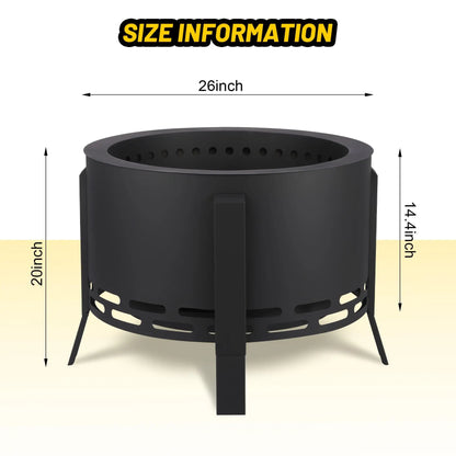 26-Inch Portable Smokeless Fire Pit with Fire Poker, Lightweight Outdoor Bonfire Stove, Durable Carbon Steel Firepit