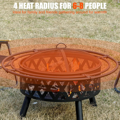 36 Inch Wood Burning Fire Pit with 2 Loops, Outdoor Fire Pit with Spark Screen & Fire Poker, Cross Weave Firepit for Outside