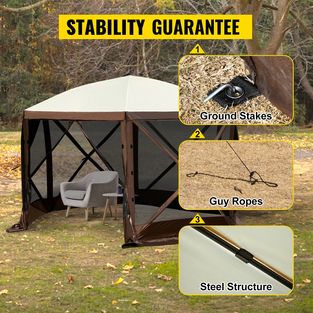 SucceBuy Pop-up Camping Gazebo Camping Canopy Shelter 6 Sided 12' x 12' / 10' x 10' Sun Shade Tents & Canopies Camping & Hiking