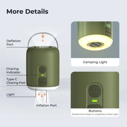 WESTTUNE Tiny Air Pump with Camping Lantern 4.5kPa Air Pump with Magnetic Design for Inflatable Air Mattress Sleeping Pads