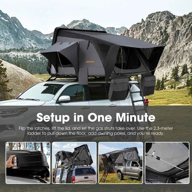 4x4 Offroad Camping Essential: SAN HIMA 3-4 Person Rooftop Tent – Quick-Setup, Waterproof Side-Open Clamshell ABS Hard Shell