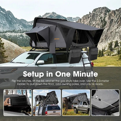4x4 Offroad Camping Essential: SAN HIMA 3-4 Person Rooftop Tent – Quick-Setup, Waterproof Side-Open Clamshell ABS Hard Shell