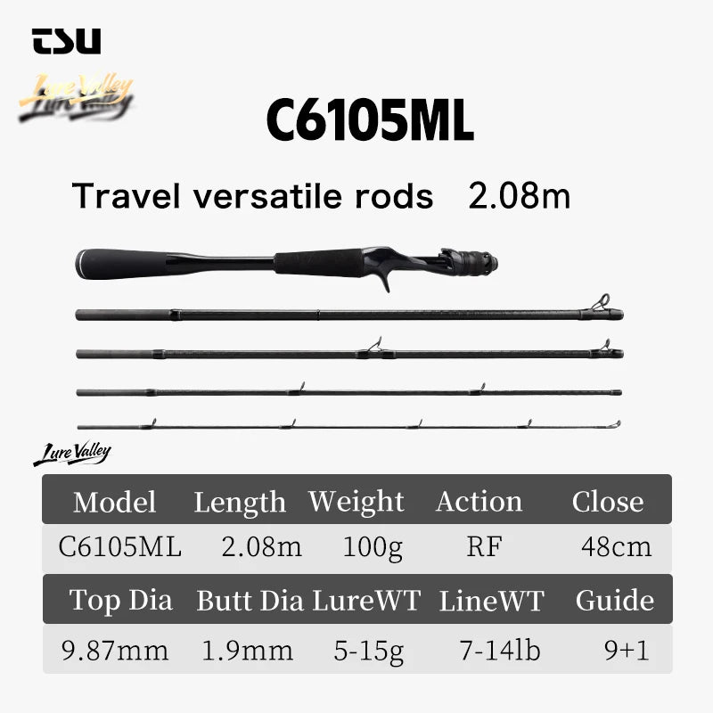 TSURINOYA Travel Fishing rod LURE VALLEY 5 Section 1.98m 2.08m 2.28m 2.44m 2.7m FUJI SIC+A Guide Action RF Spinning Casting Rod