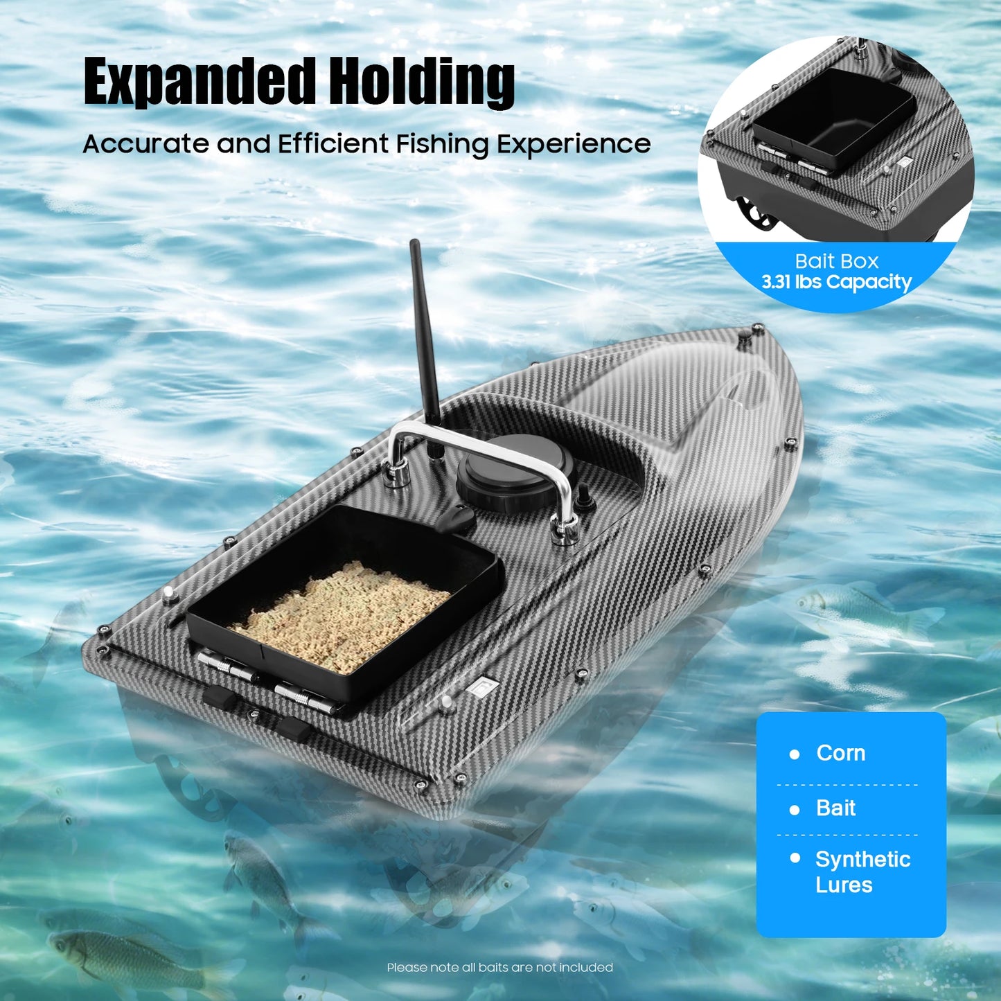 1.5kg Load RC Bait Boat, 500M Cruise Control, 5200mAh Battery 2~3H Runtime, LED Lights, Low Power Alert, for Carp Fishing, Black