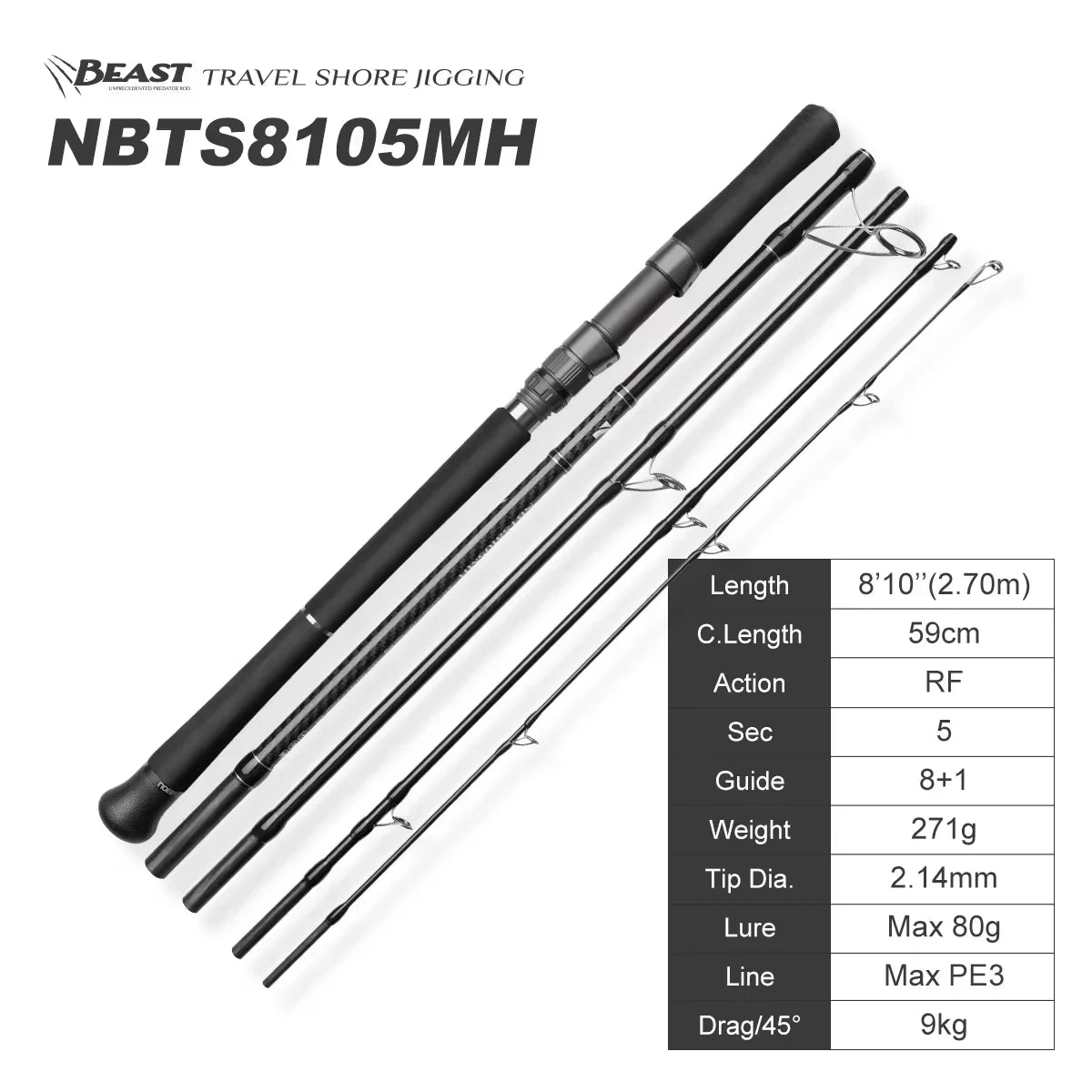 Noeby 5 sections Beast Travel Shore Jigging Fishing Rod 2.7m 2.9m 10kg Drag Lure 80g Fuji Set Boarding Spinning Rods Fishing Rod