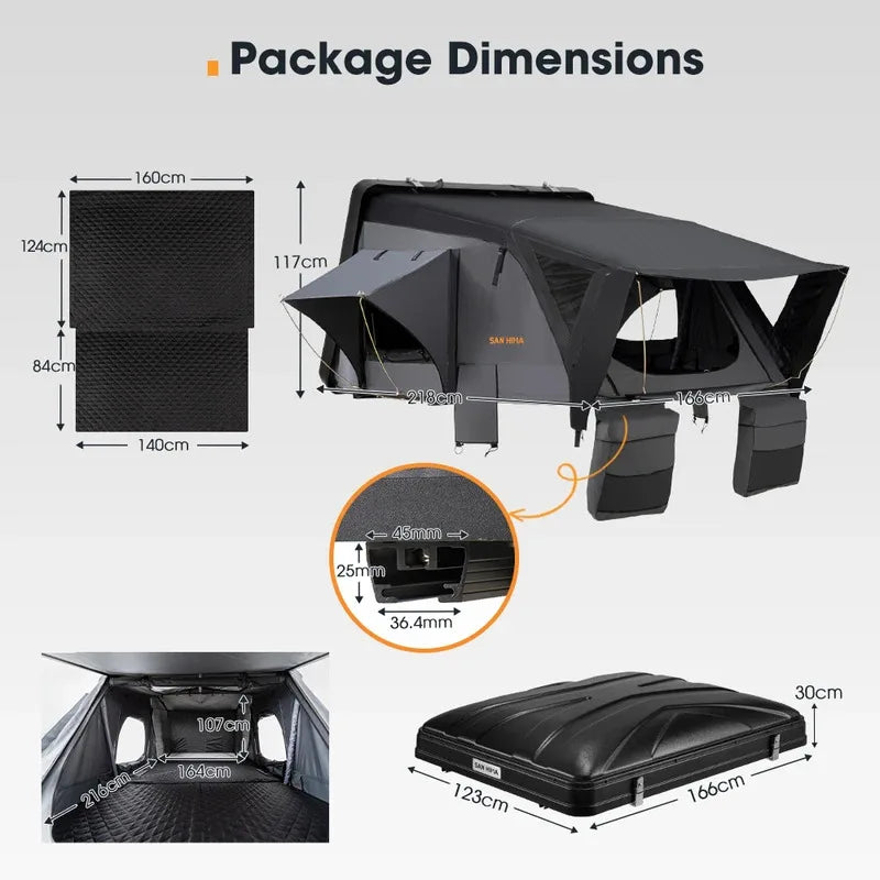 4x4 Offroad Camping Essential: SAN HIMA 3-4 Person Rooftop Tent – Quick-Setup, Waterproof Side-Open Clamshell ABS Hard Shell