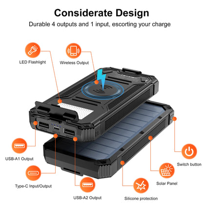 Solar Power Bank Wireless Charger 20,000mAh,Portable Solar Powered USB C Input/Output with Camping Flashlight for Cell Phone