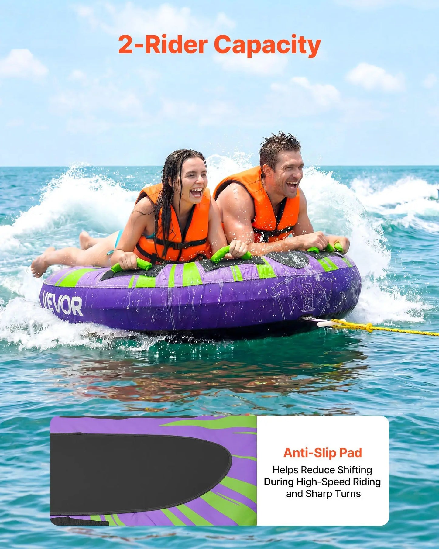 Towable Tubes for Boating, 2-Rider Inflatable Boat Tubes and Towables, 340lbs Capacity Water Sport Tube for Boat to Pull - with