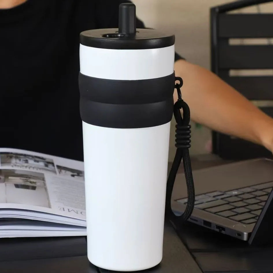 700ml/23oz Travel Thermos with Straw and Leak-Proof Lid, Stainless Steel Metal Water Bottle for Hot and Cold Coffee Drinks
