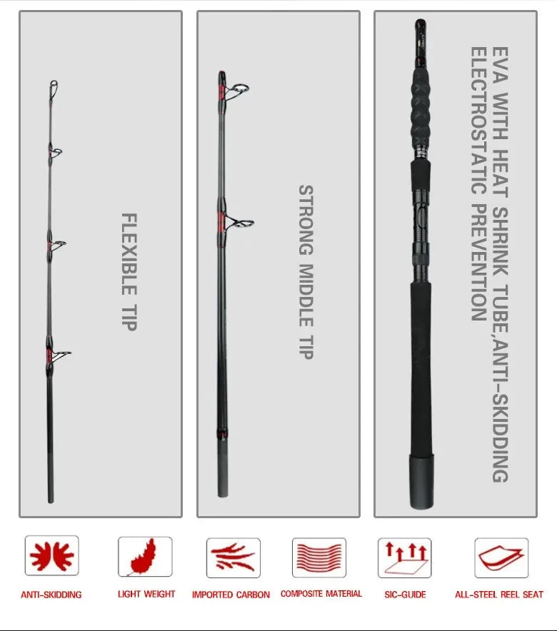 1.8m 2.1m 2.4m Quality Boat Saltwater 40T Carbon Fishing Rod 30-50Lb 3 Pce Surf Spinning Rod  Lure 80-250g Travel Pole Free Bag
