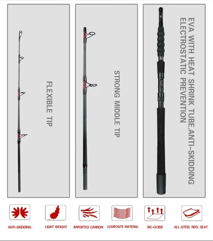 1.8m 2.1m 2.4m Quality Boat Saltwater 40T Carbon Fishing Rod 30-50Lb 3 Pce Surf Spinning Rod  Lure 80-250g Travel Pole Free Bag