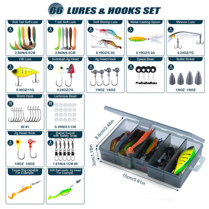 GOTURE Full Fishing Tackle Set 4-Piece Travel Rod Spinning Reel with 66pcs Lures Waterproof Hard Case for Freshwater Saltwater
