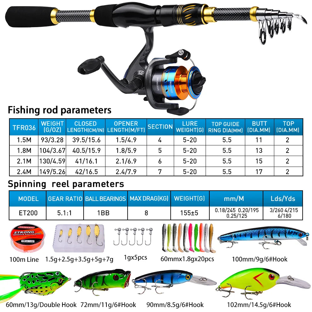 PROBEROS 1.5m-2.4m Fishing Rod and Reel Combo Kit Spinning Fishing Reel and Spinning Rods Fishing Line Lure Bag Hooks Full Set