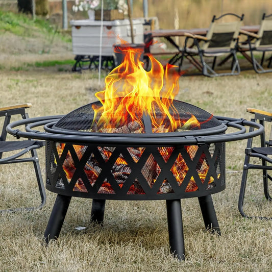 36 Inch Wood Burning Fire Pit with 2 Loops, Outdoor Fire Pit with Spark Screen & Fire Poker, Cross Weave Firepit for Outside