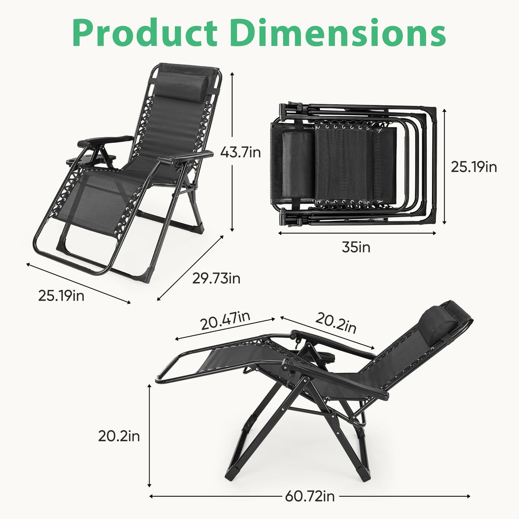 JHK Zero Gravity Recliner Camping Patio Lounge Chair Folding Portable with Cup Holder Trays Removable Cushion For Outdoor Garden