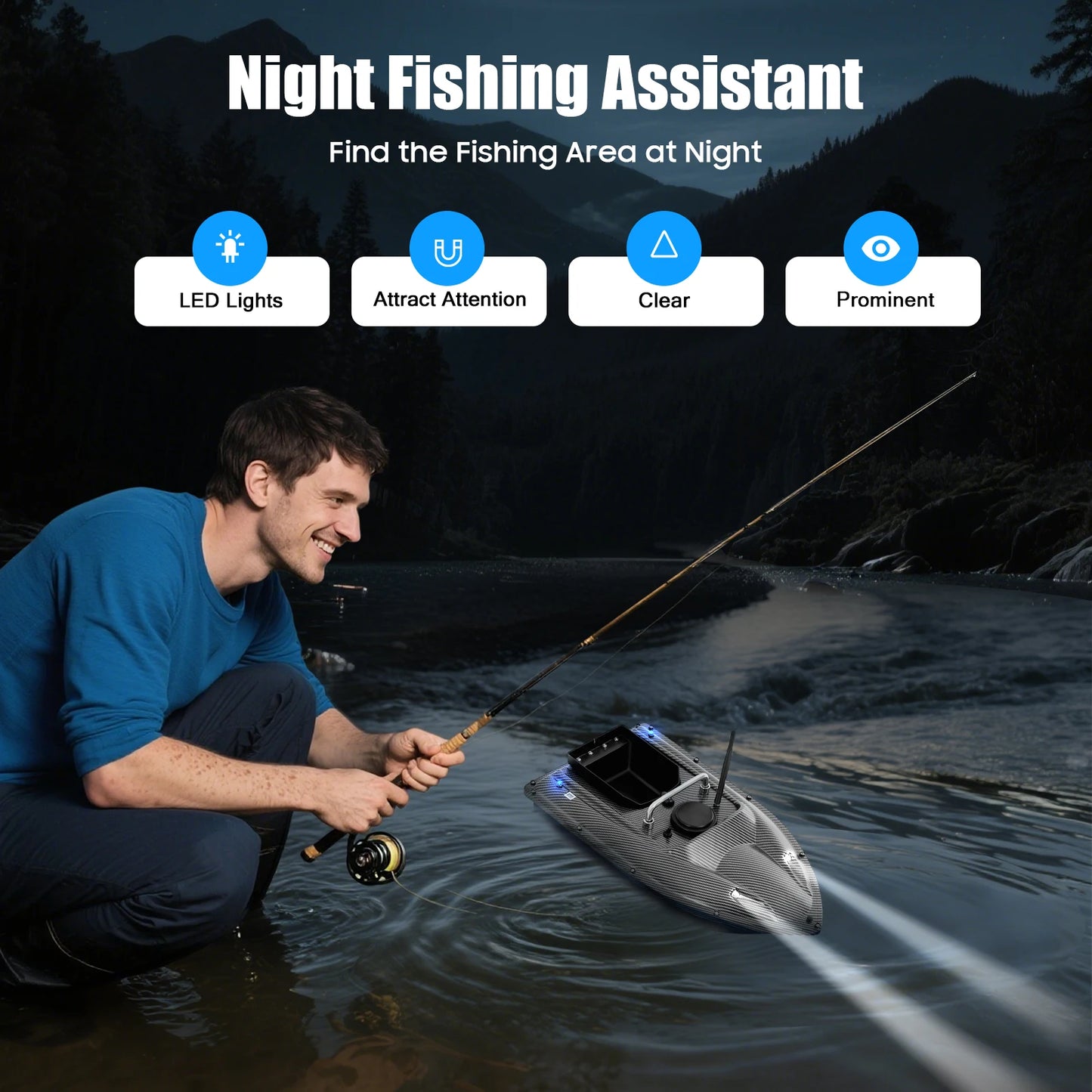 1.5kg Load RC Bait Boat, 500M Cruise Control, 5200mAh Battery 2~3H Runtime, LED Lights, Low Power Alert, for Carp Fishing, Black