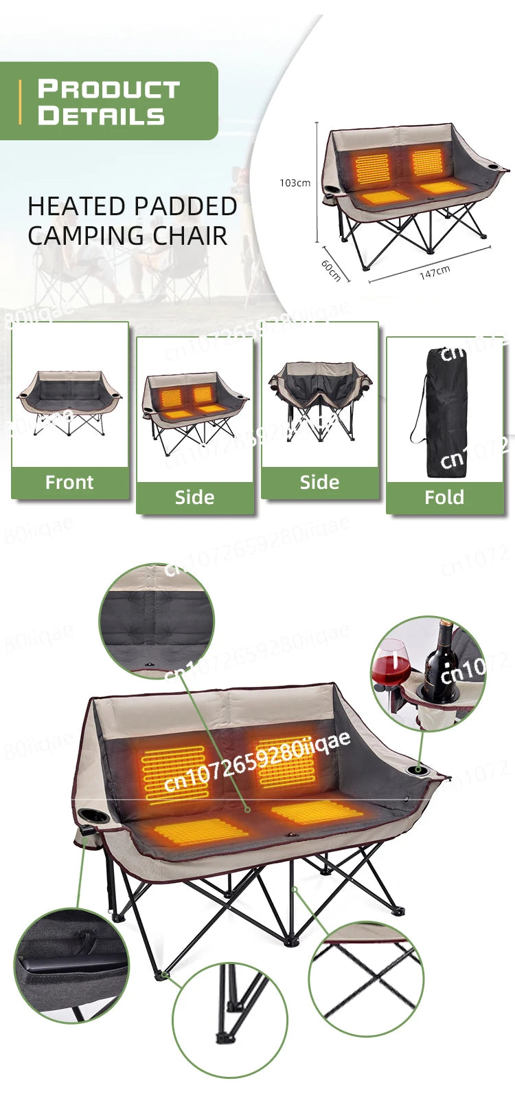 Arrival Oversized Heated Camping Chair Portable Deluxe Heated Loveseat Beach Chairs Heated Double Camping Chair