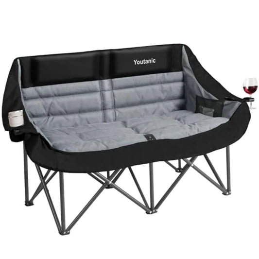 Oversized Double Camping Chair for Outdoor Use, Heavy-Duty Steel Frame with Black Fabric, Comfortable Oversized Design with Sid