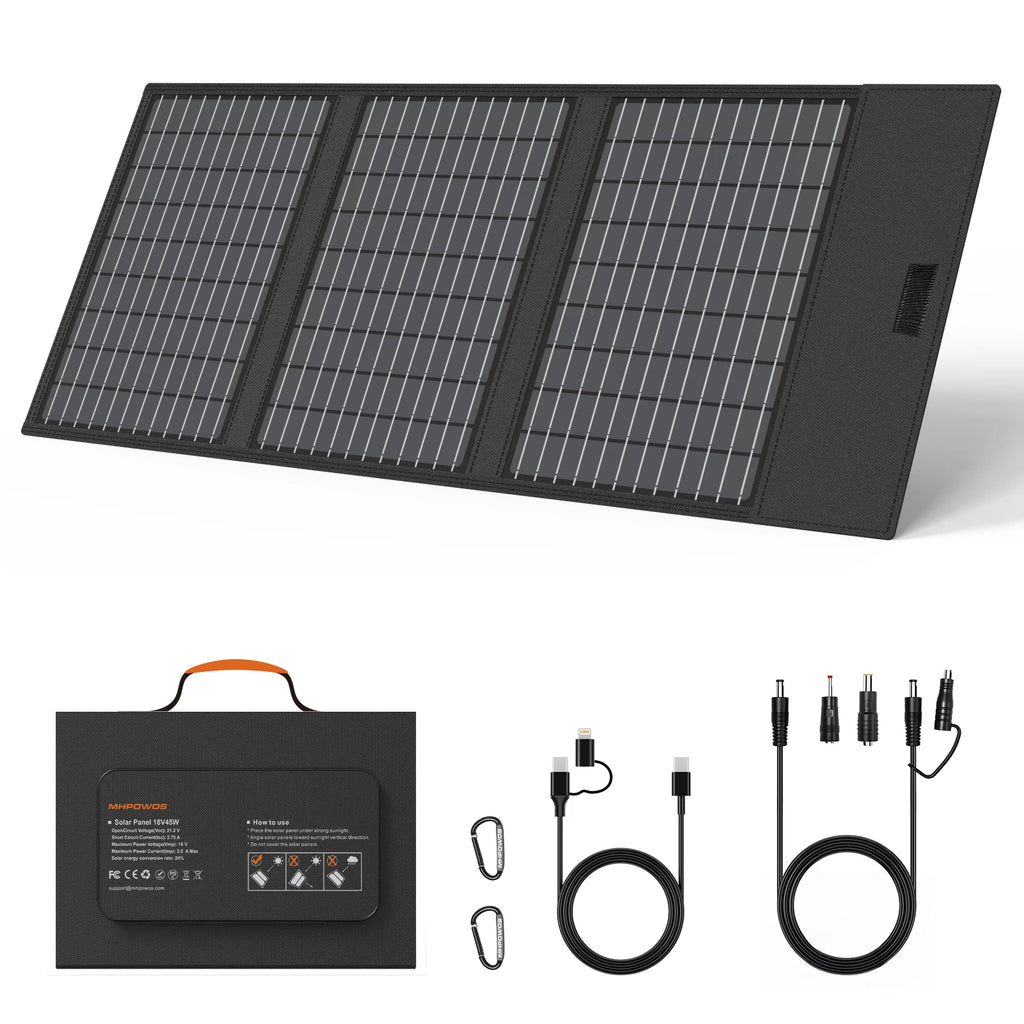 MHPOWOS Solar Battery Charger for Powerbank, 45W / 60W Foldable Portable Solar Panel with USB C, DC Output for Camping Phone