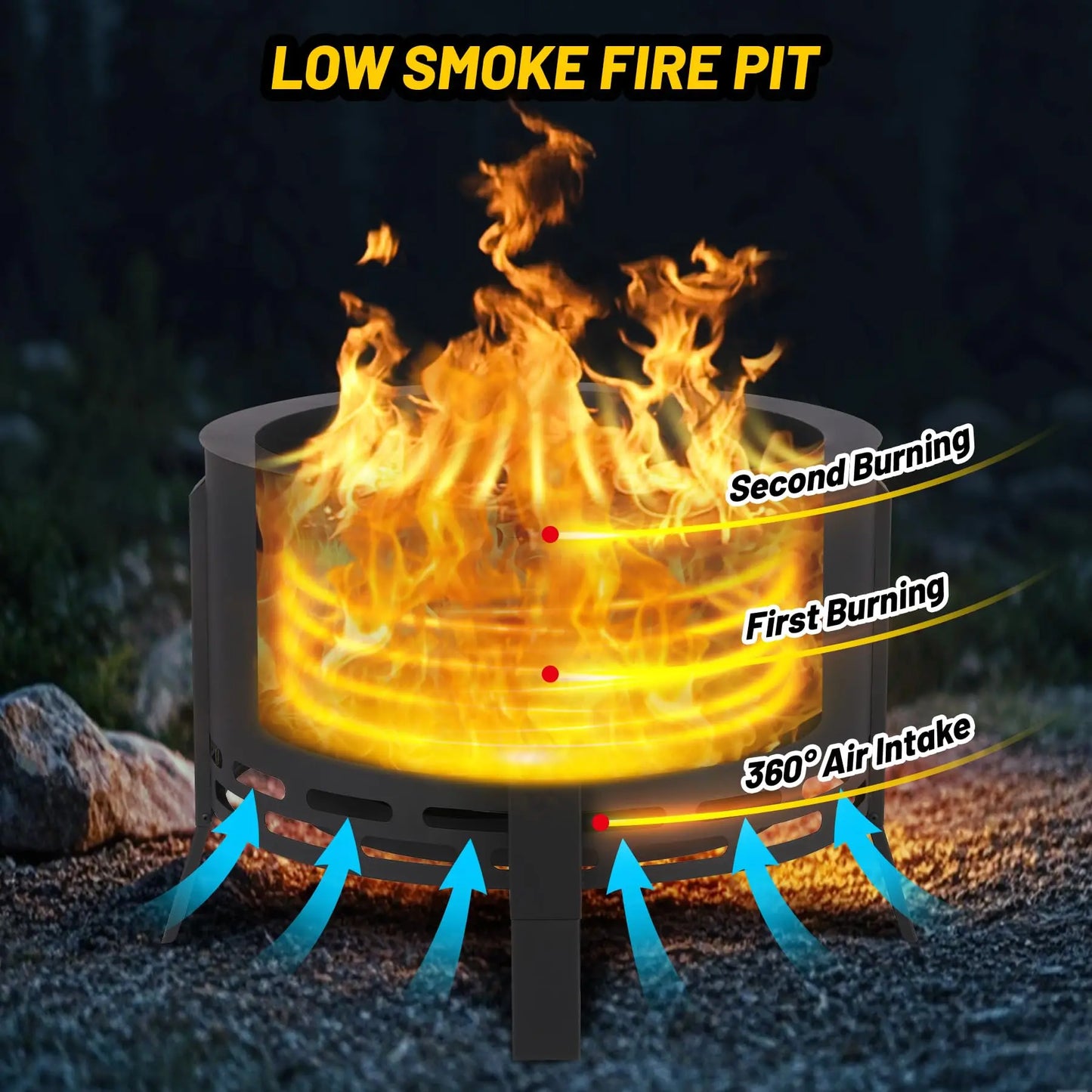 26-Inch Portable Smokeless Fire Pit with Fire Poker, Lightweight Outdoor Bonfire Stove, Durable Carbon Steel Firepit