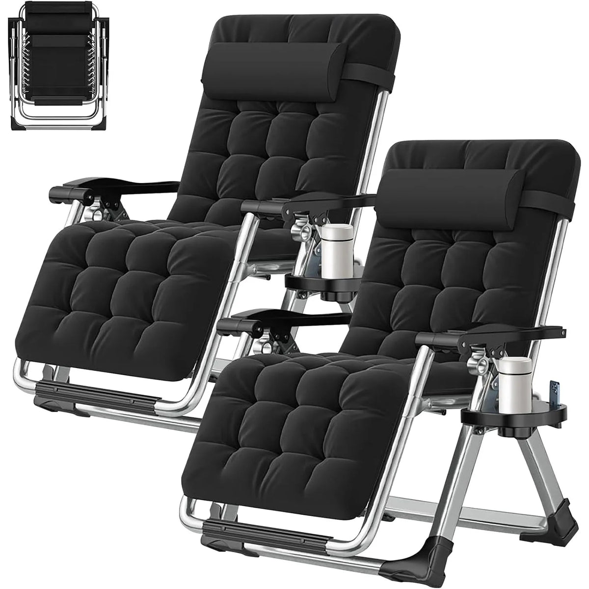 Zero Gravity Outdoor Lounge Chairs Set of 2 Reclining with Cushion Headrest Cup Holder for Patio Garden