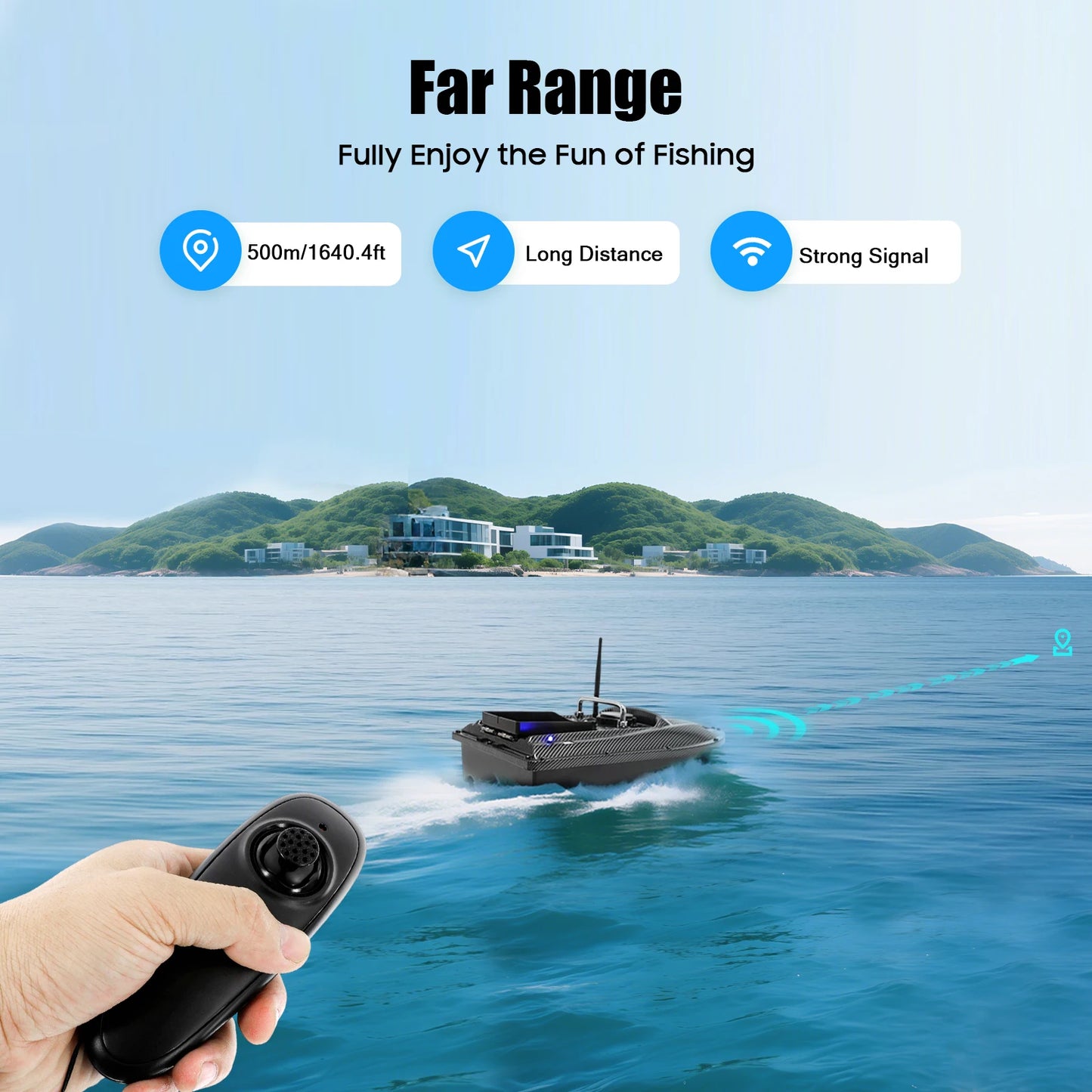 1.5kg Load RC Bait Boat, 500M Cruise Control, 5200mAh Battery 2~3H Runtime, LED Lights, Low Power Alert, for Carp Fishing, Black
