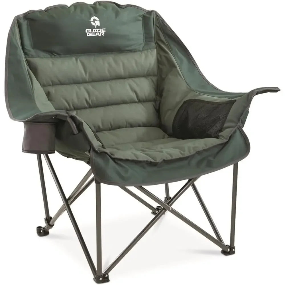 Heavy-Duty XL Padded Camp Chair, Portable, Holds 400 lbs, Green, with Cup Holder for Outdoor & Beach Use