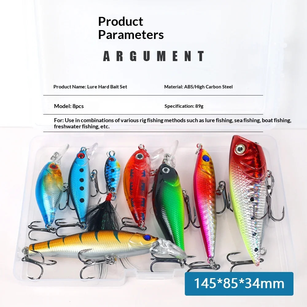 8pcsFishing Lure Set Hard Bait Kit - Minnow Popper Pencil Crankbait Swimbait Wobblers Artificial Bionic Tackle for Bass Trout