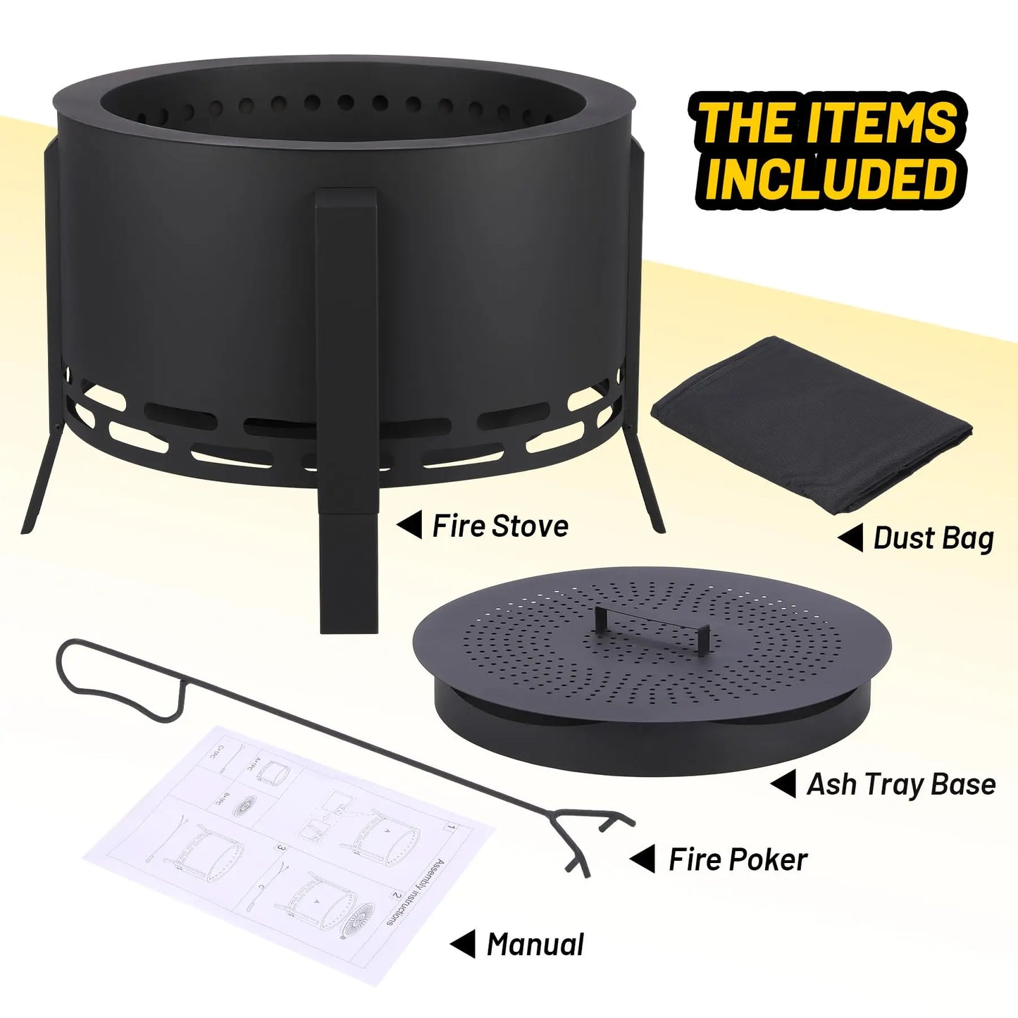 26-Inch Portable Smokeless Fire Pit with Fire Poker, Lightweight Outdoor Bonfire Stove, Durable Carbon Steel Firepit