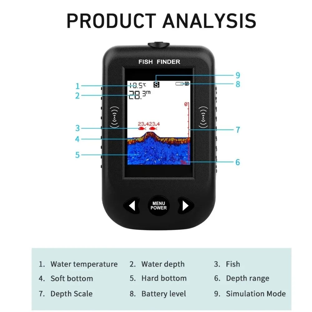 45 Degrees XF03 Fish Finders LCD Display Wire Design Portable Sonar Finders 100M Depth Depth Detection Sonar Fish Finder