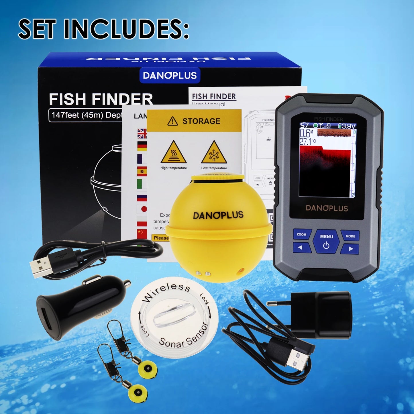 Fish Finder Wireless Sonar Sensor 125kHz Frequency 45 Meters / 147 Feet Depth Alarm Function and Large LCD Display