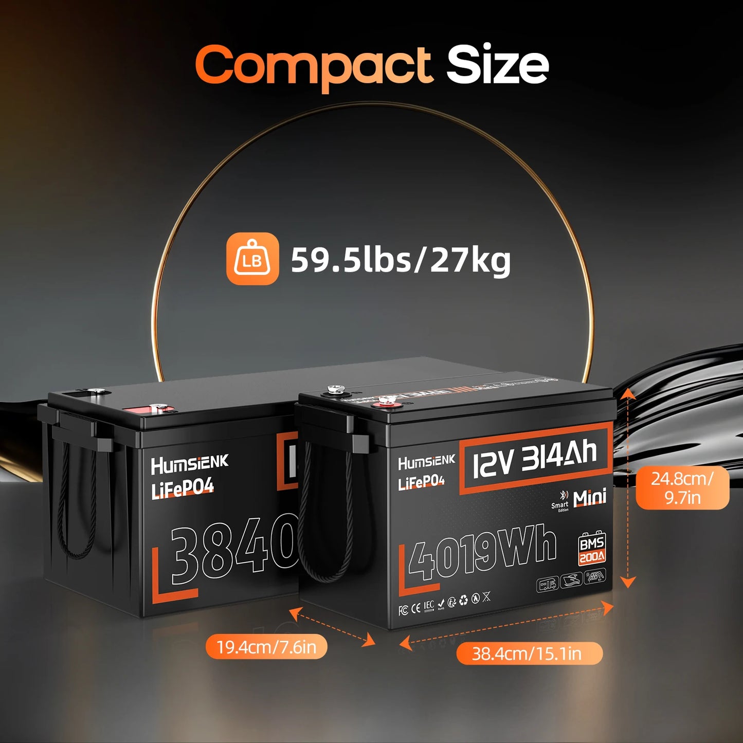 Humsienk 12V 314Ah LiFePO4 Battery, Capacity 4019Wh, Size MINI, Built-in Bluetooth & 200A BMS, 15000+ Deep Cycle, Low-Temp Protection For Fishing, Portable Power Station, Golf Cart, Boat, Marine, Off-Grid, Solar, 5-Year Warra