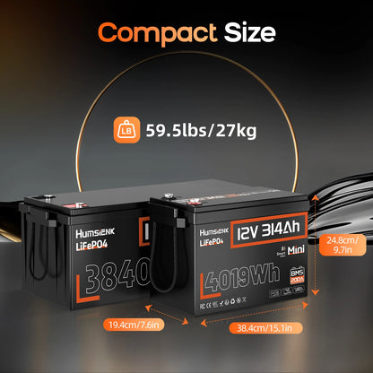 Humsienk 12V 314Ah LiFePO4 Battery, Capacity 4019Wh, Size MINI, Built-in Bluetooth & 200A BMS, 15000+ Deep Cycle, Low-Temp Protection For Fishing, Portable Power Station, Golf Cart, Boat, Marine, Off-Grid, Solar, 5-Year Warra