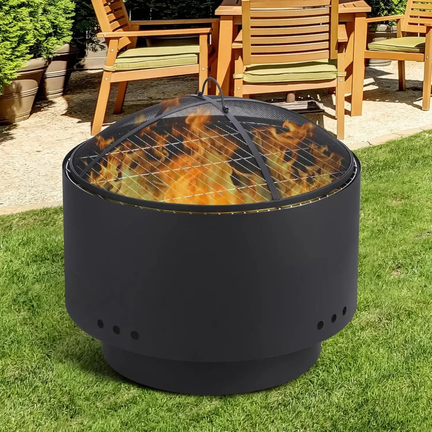 26 inch Fire Pit, Outdoor Smokeless Fire Pits for Wood Burning, Mesh Lid, Cooking Grate, Cover, Portable Patio Bonfire Pit for O