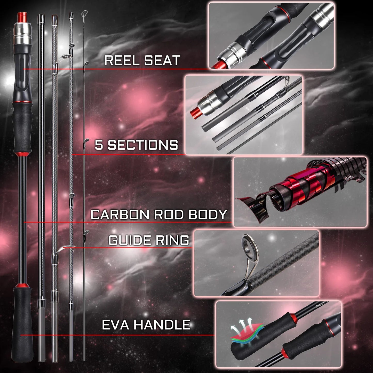 Sougayilang Fishing Rod 1.8/2..1m Spinning/Casting Rod Power M Carbon Rod Pole 5/6 Sections Travel Fishing Pole Fishing Tackle
